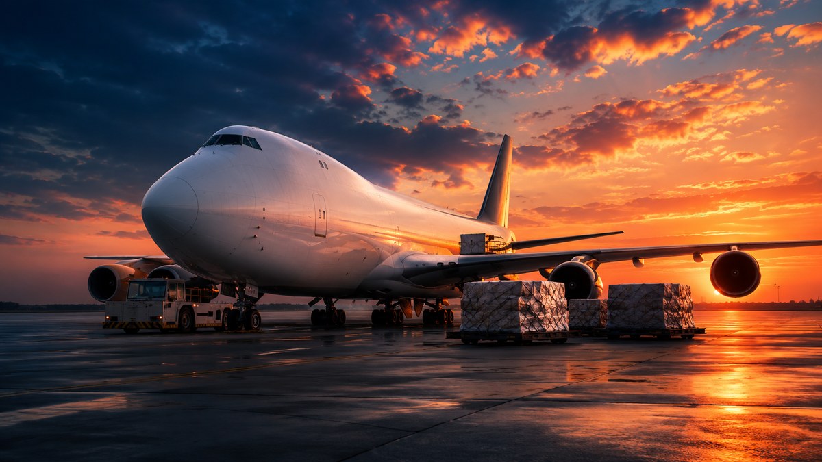 Avion cargo au coucher de soleil